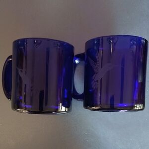 Cobalt Blue Glass Mug Pair with Hummingbird Etch